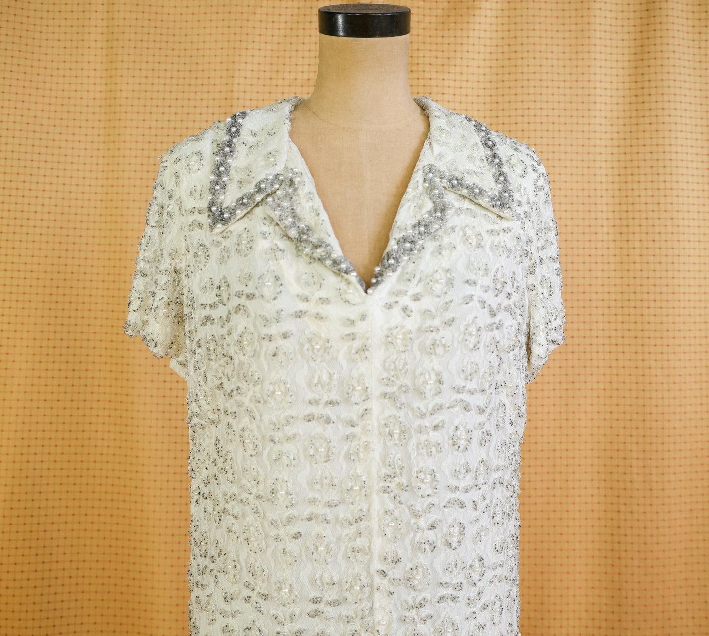 1960s White Silver Beaded Shift Dress, Short Wedding Dress, Extra Large