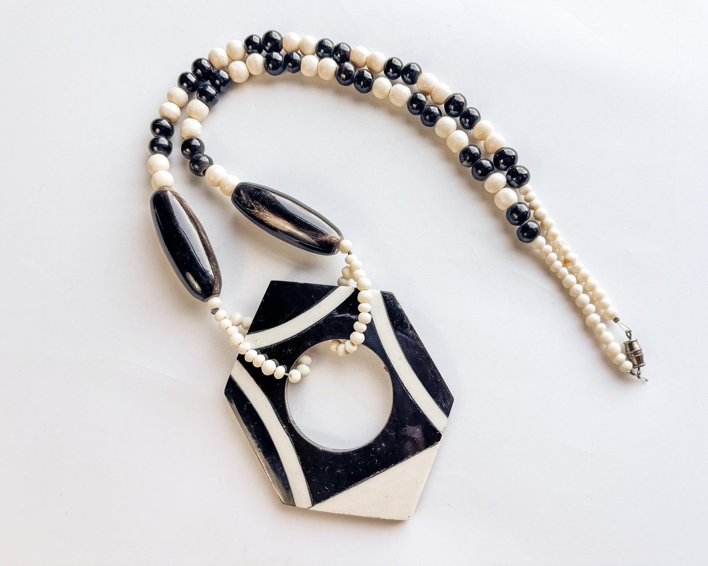 1970s Op Art Necklace | Black & White Wood Bead Plastic Pendant