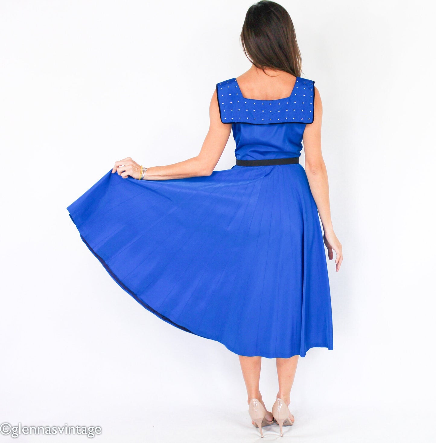 1940s Vintage Peacock Blue Taffeta Cocktail Dress with Rhinestone Collar, Small