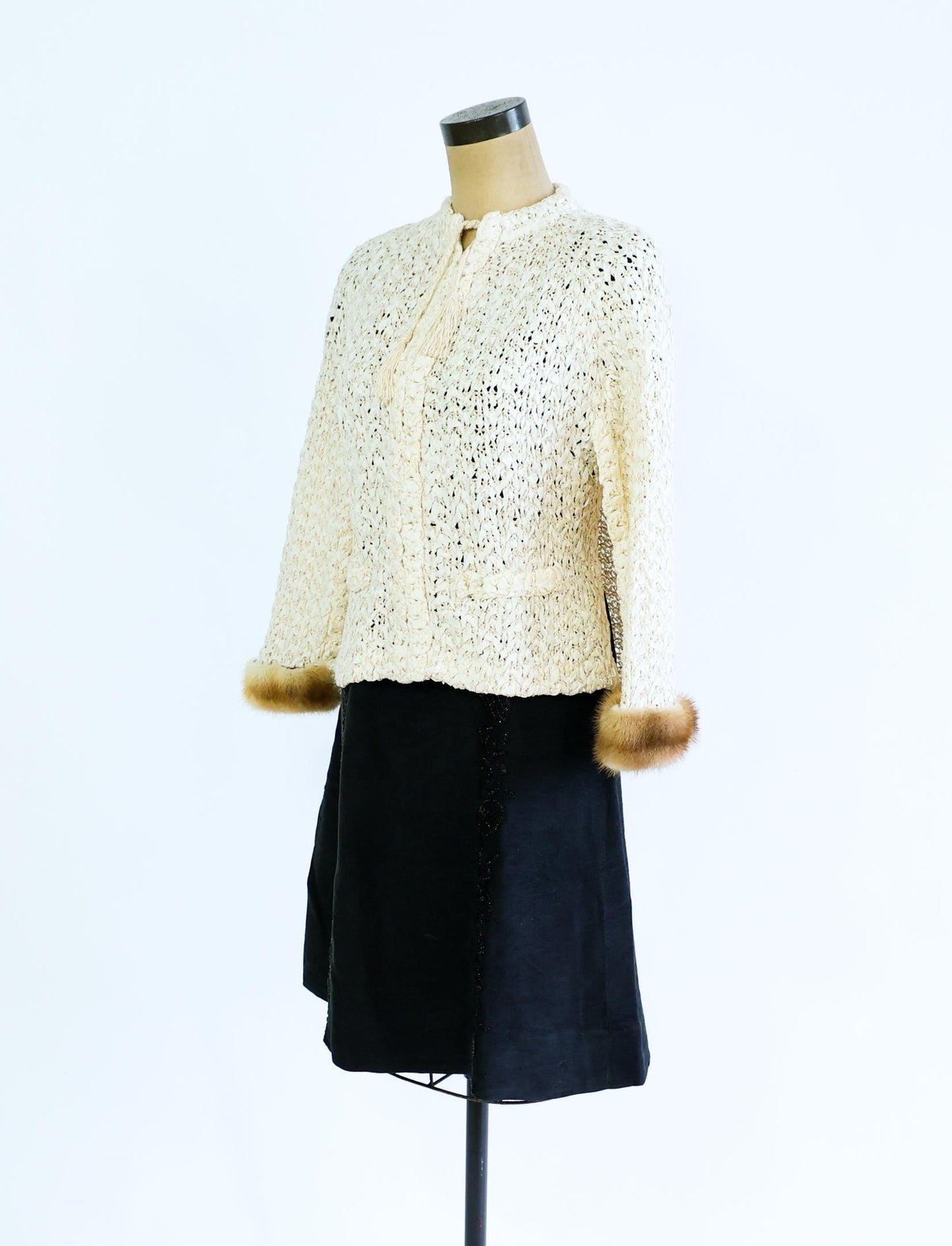 1940s Creme Crochet Ribbon Mink Trimmed Capelet |  40s Creme Silk Mink Trimmed Ribbon Cape  | One Size