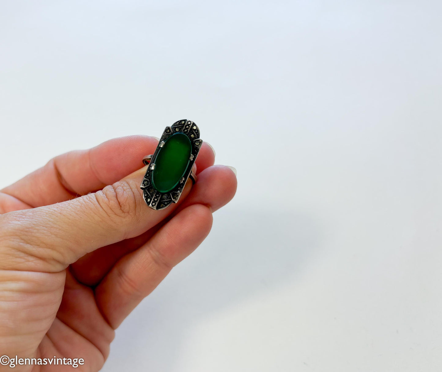 1930s Art Deco Green Onyx Sterling Silver Marcasite Ring, Size 5 3/4