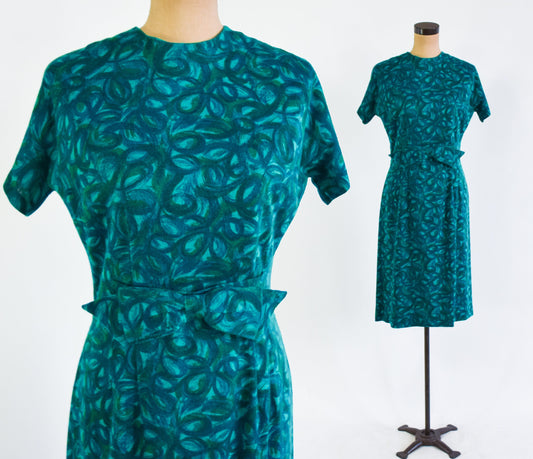 1960s Turquoise Green Floral Wool Knit Dress, Medium