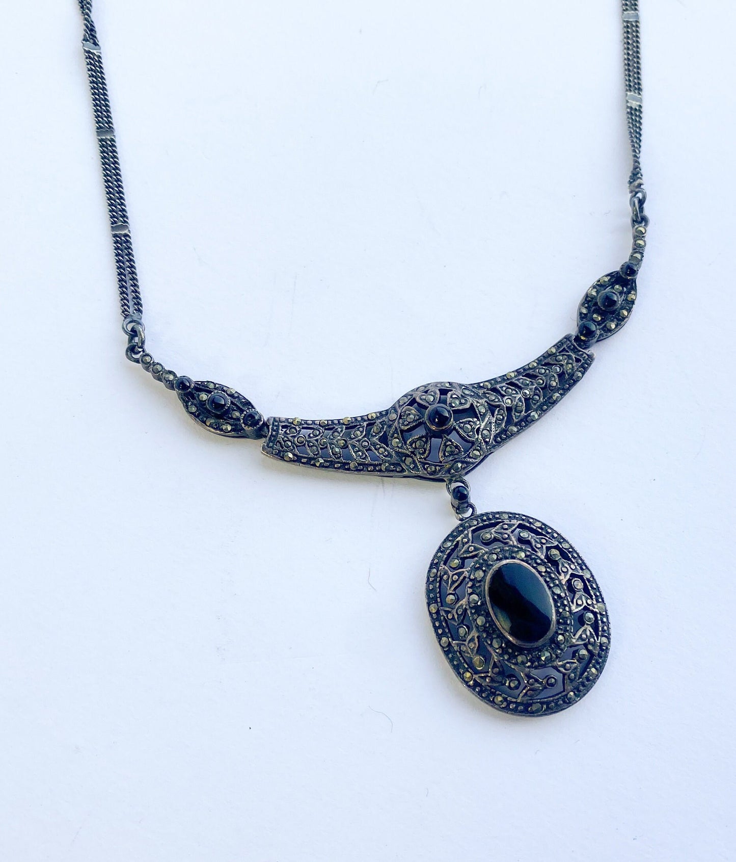 1940s Marcasite & Silver Pendant Necklace | 40 Silver Marcasite Necklace