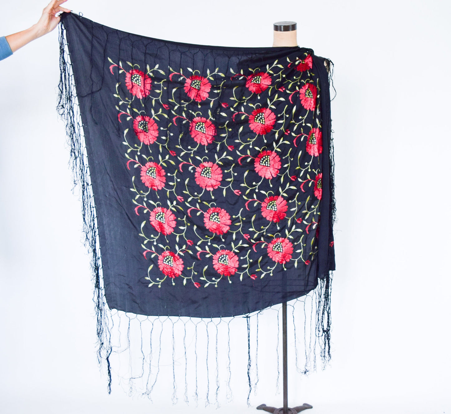 1910s Black & Red Embroidered Silk Piano Shawl Scarf