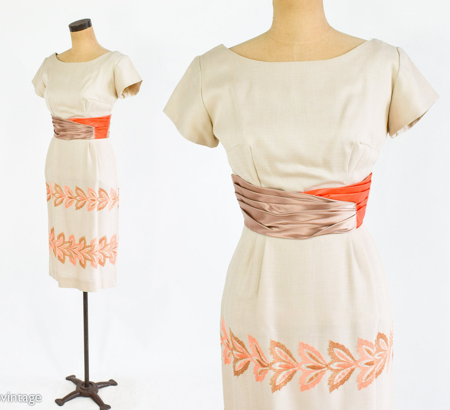 1950s Beige Floral Embroidered Dress | Taupe Sheath Dress, Small