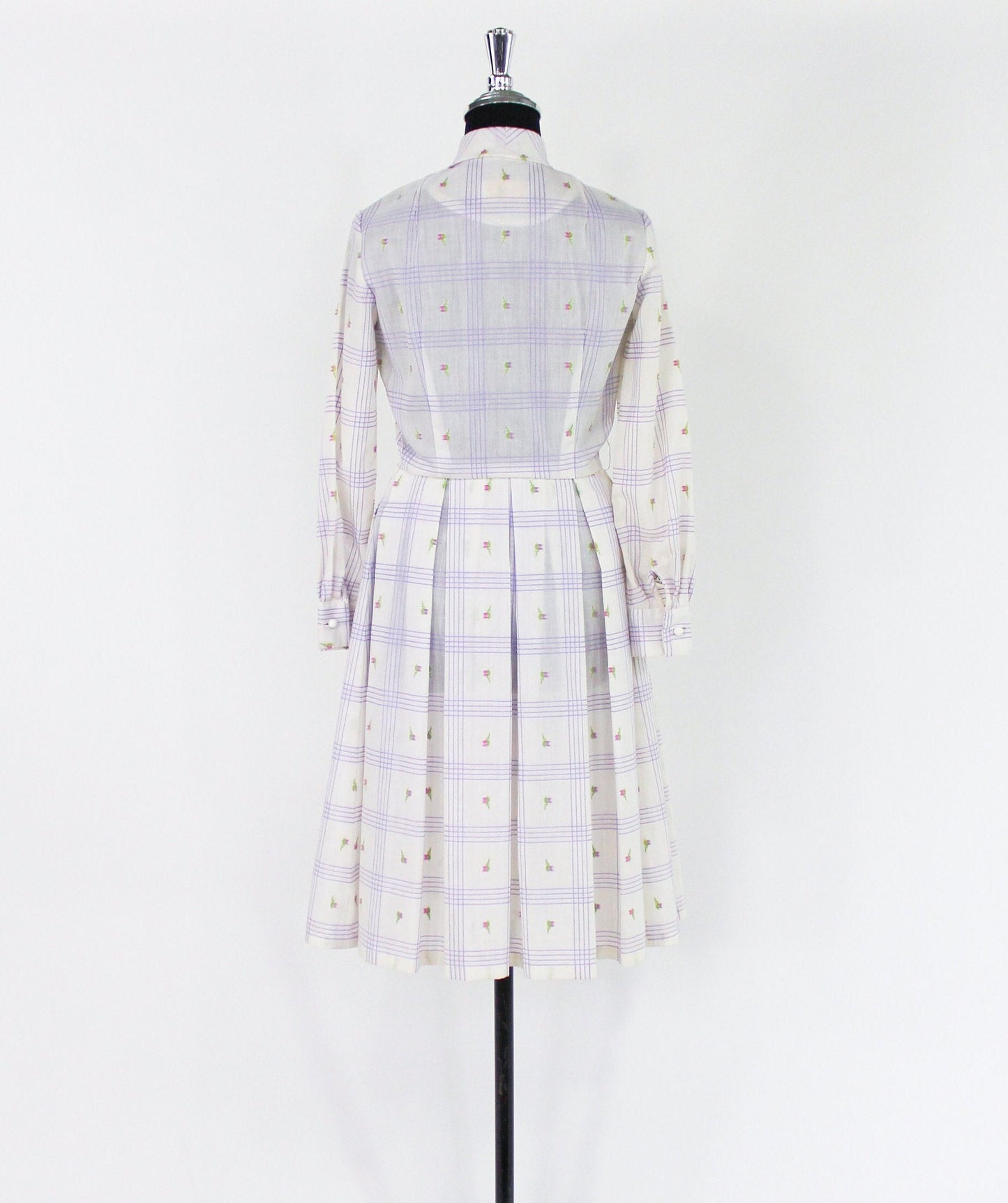 1950s White & Lavender Plaid Shirtwaist, Medium