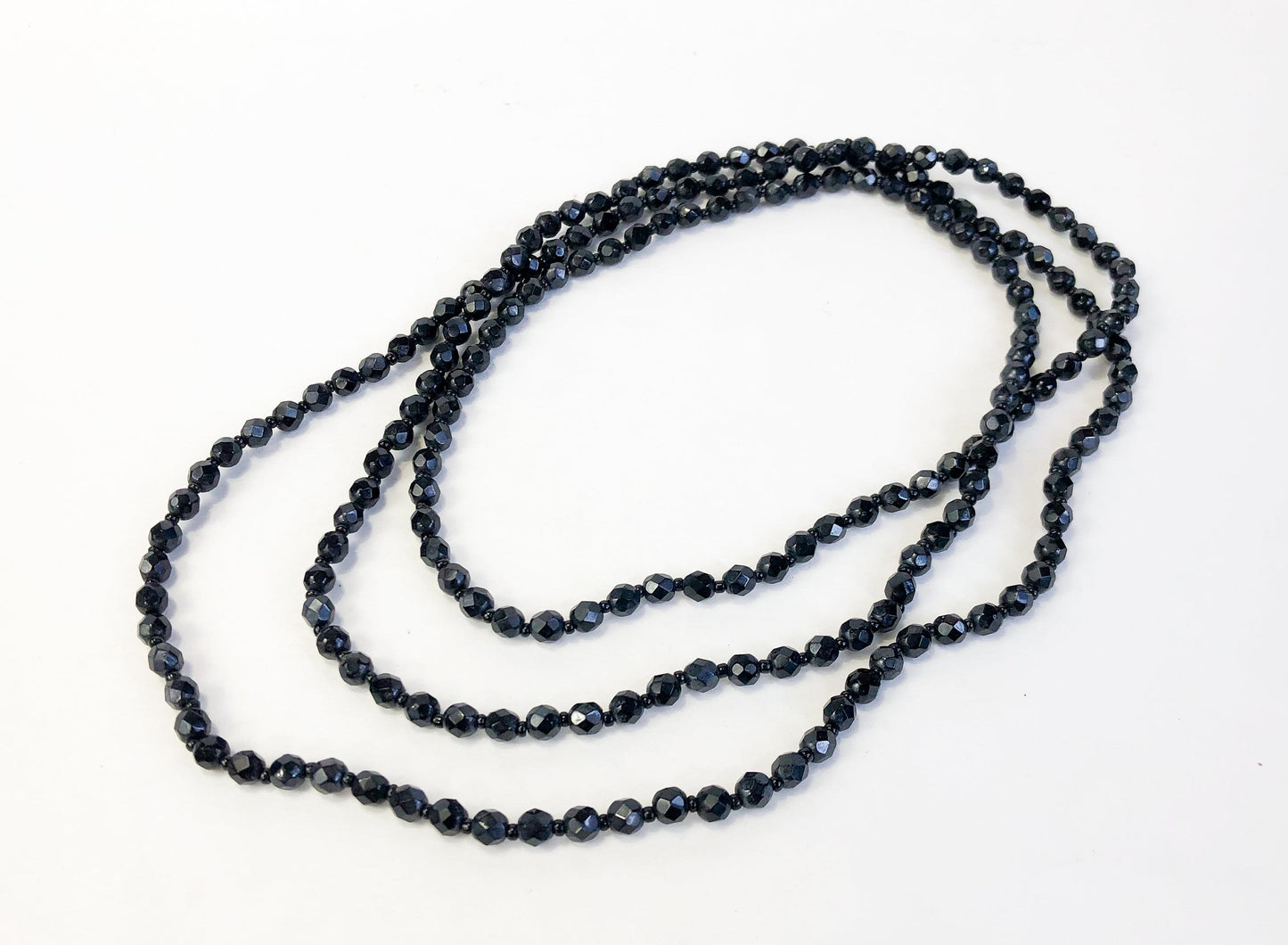 1960s Glass Beaded Necklace | 60s Black Faceted Glass Bead Rope