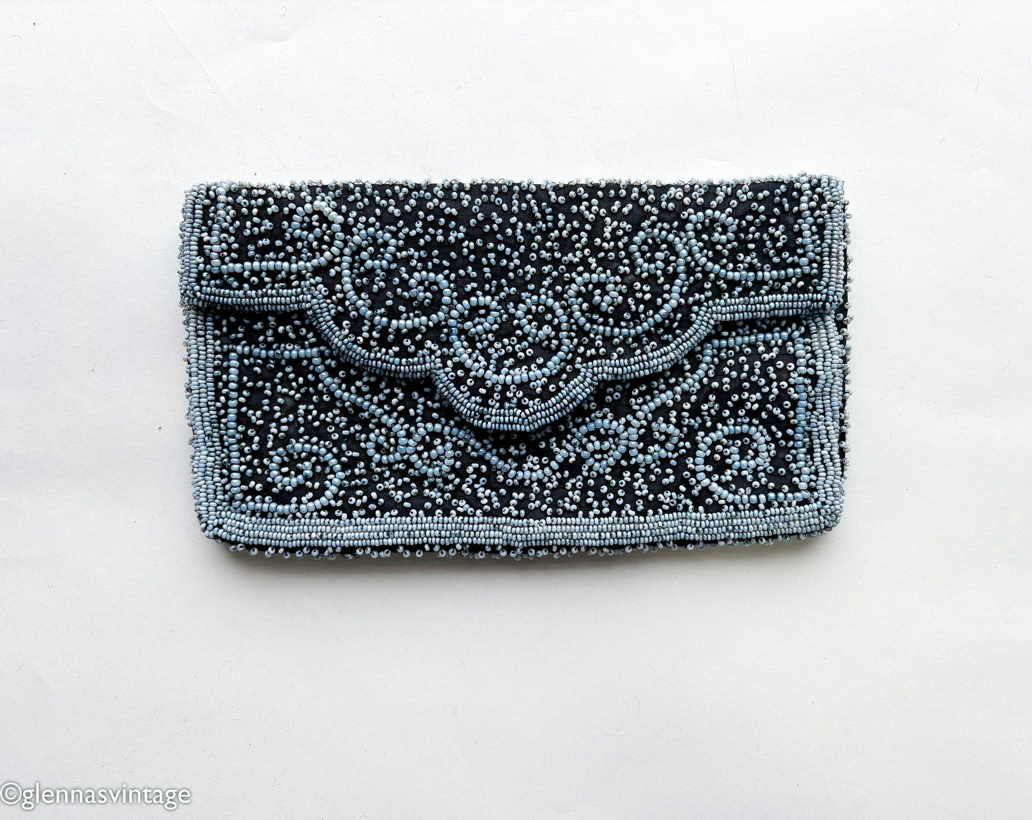 1950s Black & Blue Beaded Clutch | 50s Pale Blue Seed Bead Clutch