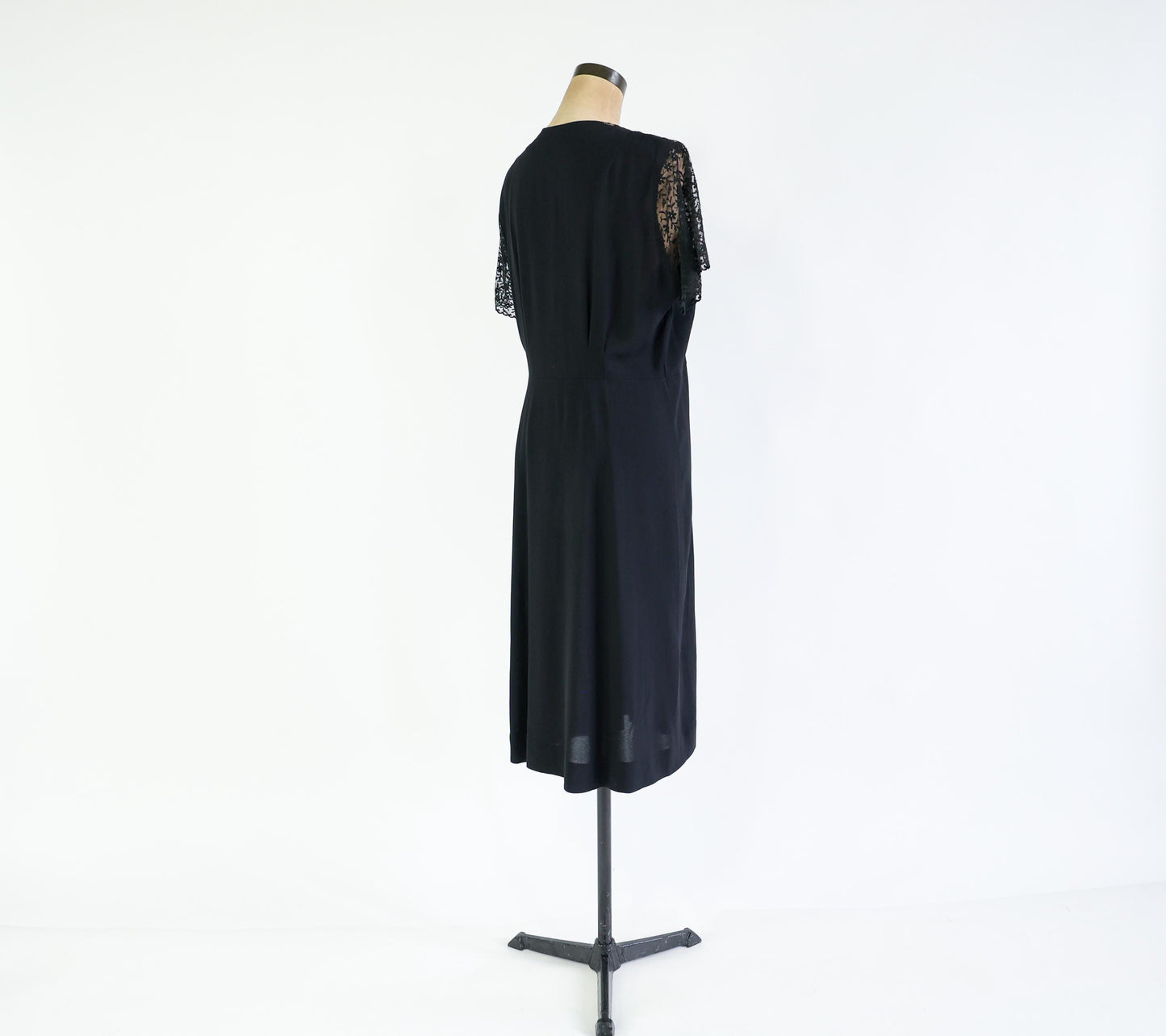 1940s Black Lace Crepe Dress, 34" Waist