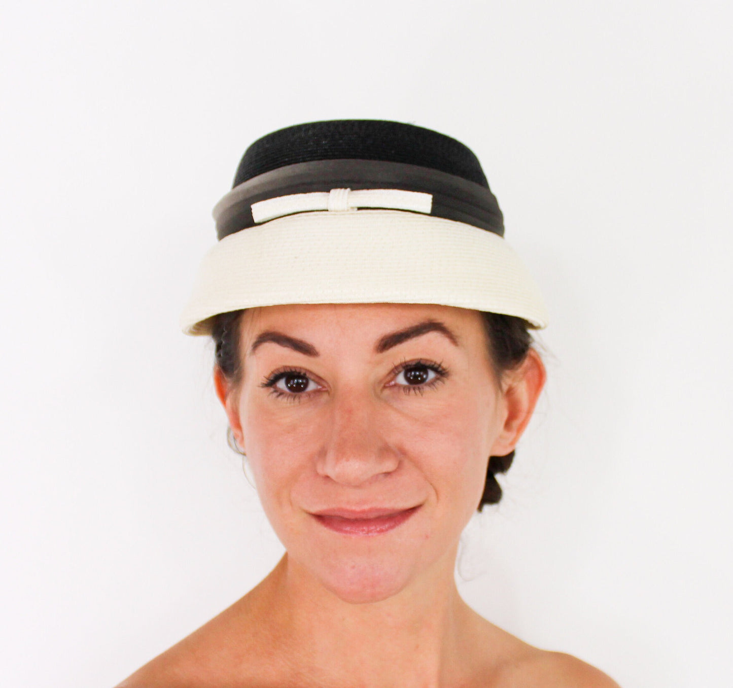 1950s Black & White Ombre Hat | 50s White Black Raffia Hat