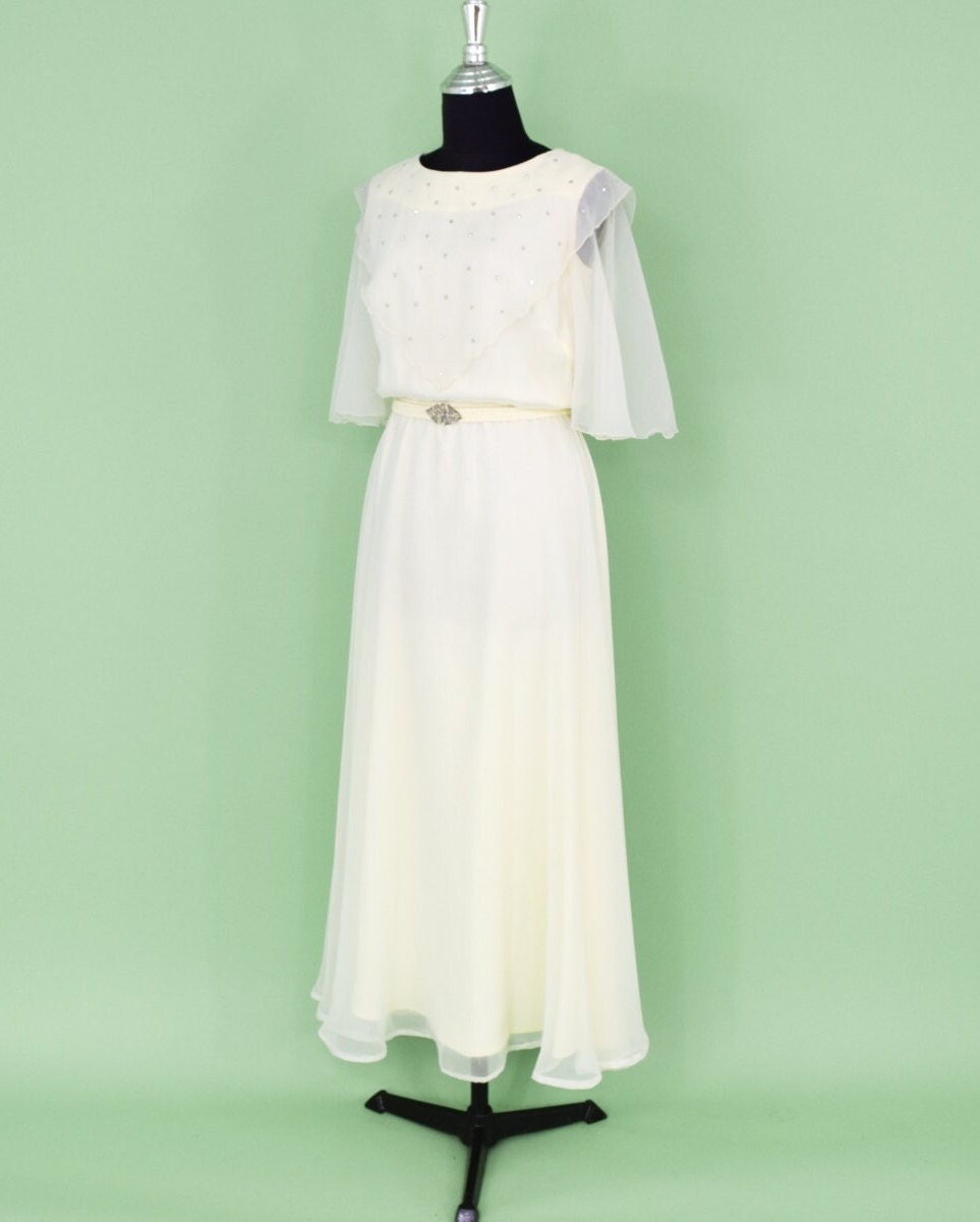 1970s Creme Rhinestone Evening Gown, Small