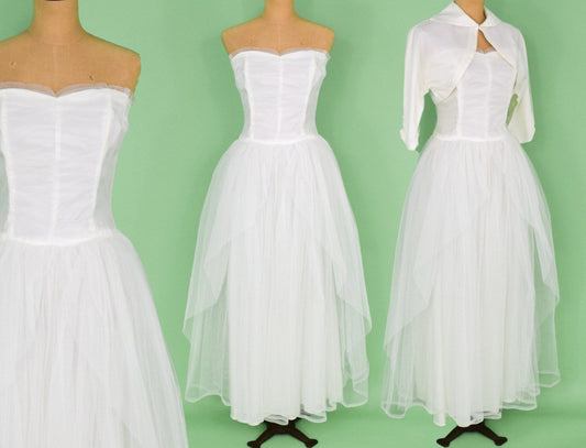 1950s White Strapless Evening Dress & Bolero Set, Medium