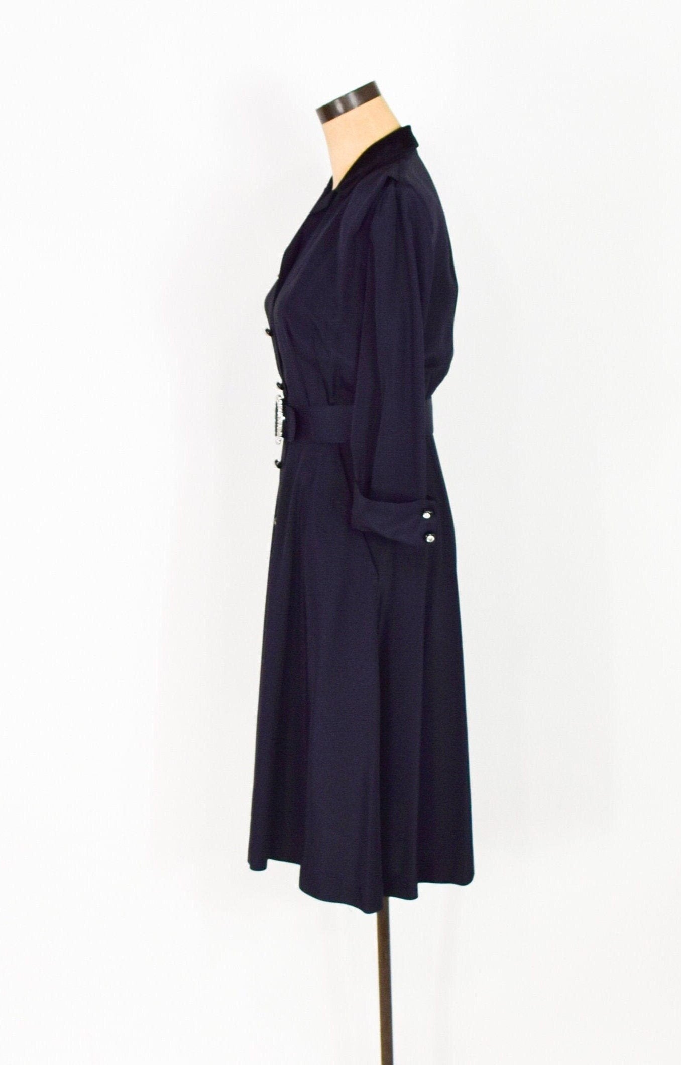 1950s Black Faille Party Dress with Rhinestone Buttons, Medium
