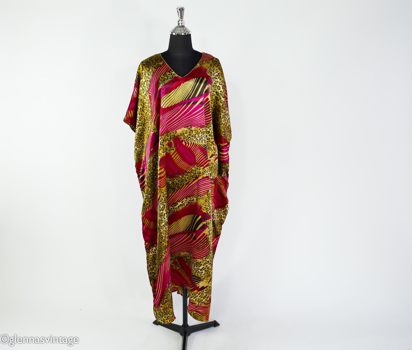 1990s Animal Print Caftan, Burgundy Pink Gold, Plus Size Silk Blend