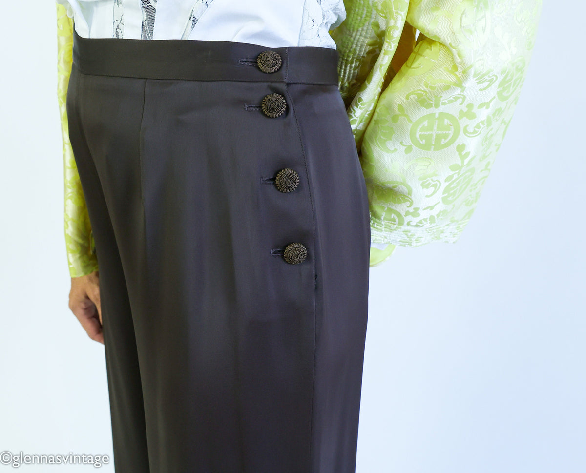 1990s Guy Laroche Designer Pants Brown Silk Slacks, Size 42