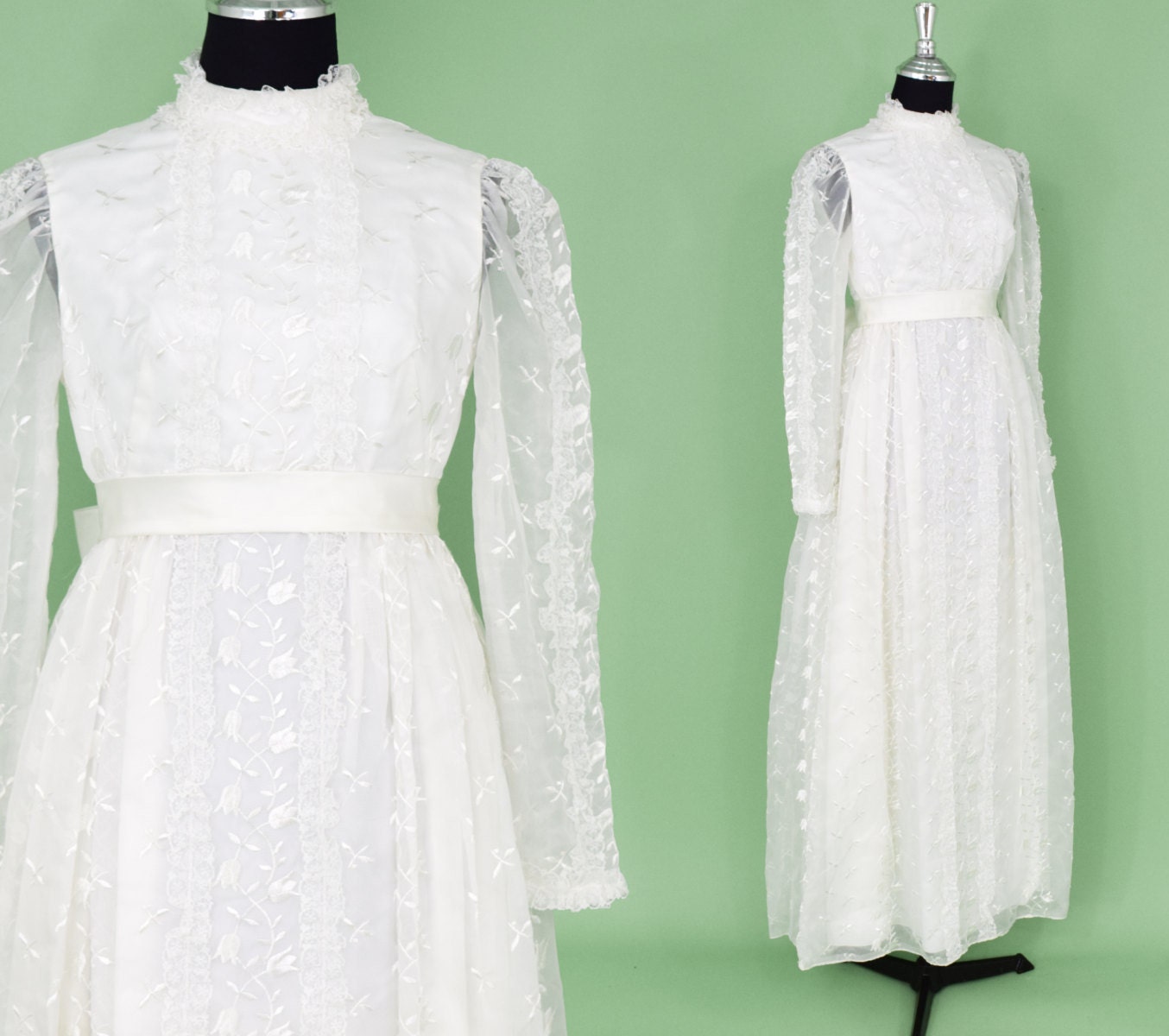 1960s White Lace Bridal Gown, Wedding Dress, Small
