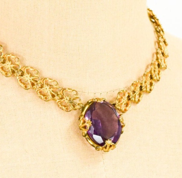 1930s Filigree Necklace | Gold & Purple Glass Pendant