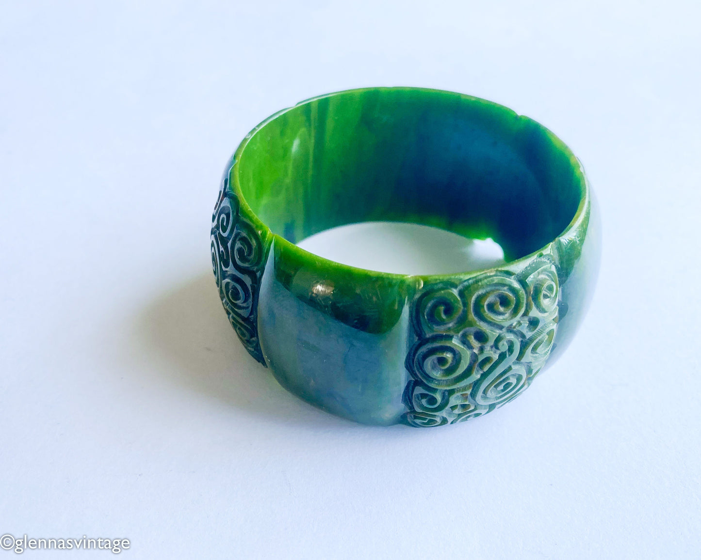 1930s Carved Olive Green Bakelite Bangle | Vintage Wide Bracelet