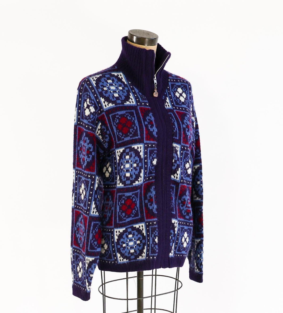 1960s Jantzen Nordic Cardigan Sweater Jacket, Blue & White Knit, Large