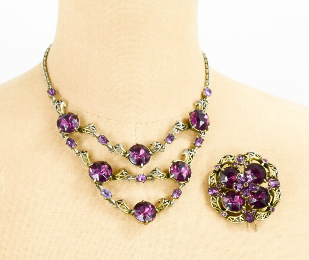 Hollycraft 1950s Amethyst Necklace Brooch Set | Purple Necklace & Trembler Pin