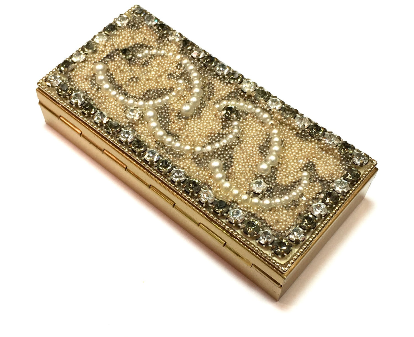 1950s Gold Cigarette Case | 50s Pearl Rhinestone & Gold Case | Vanity Case