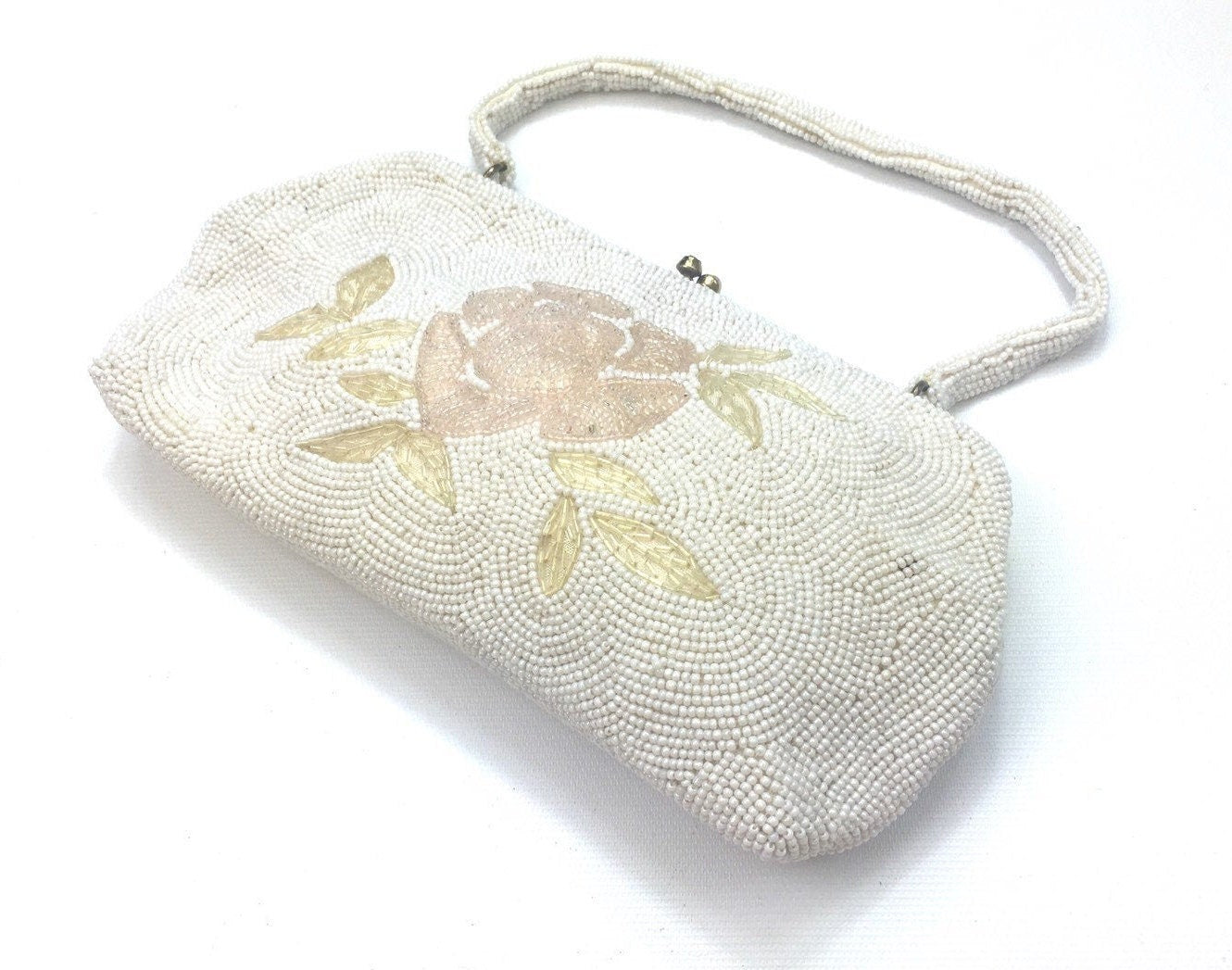1950s White Beaded Evening Bag