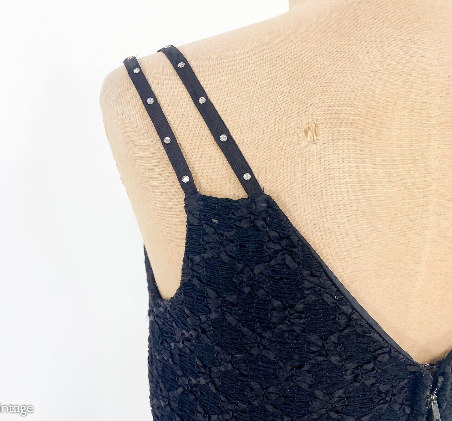 1950s Black Ribbon Lace Party Dress | 50s Black Spaghetti Strap Sheath | Black Wiggle Dress | Small