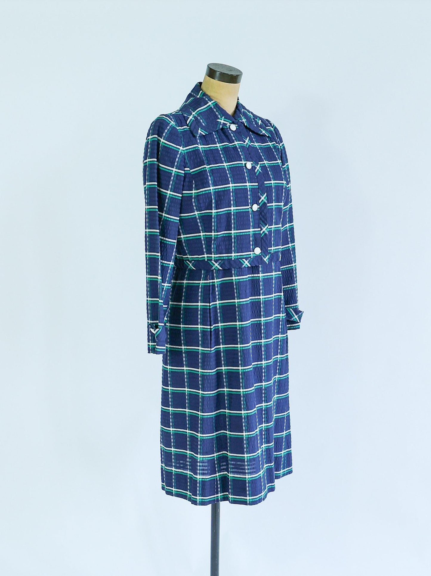 1960s Blue Plaid Dress & Jacket | Navy Seersucker Set, Large