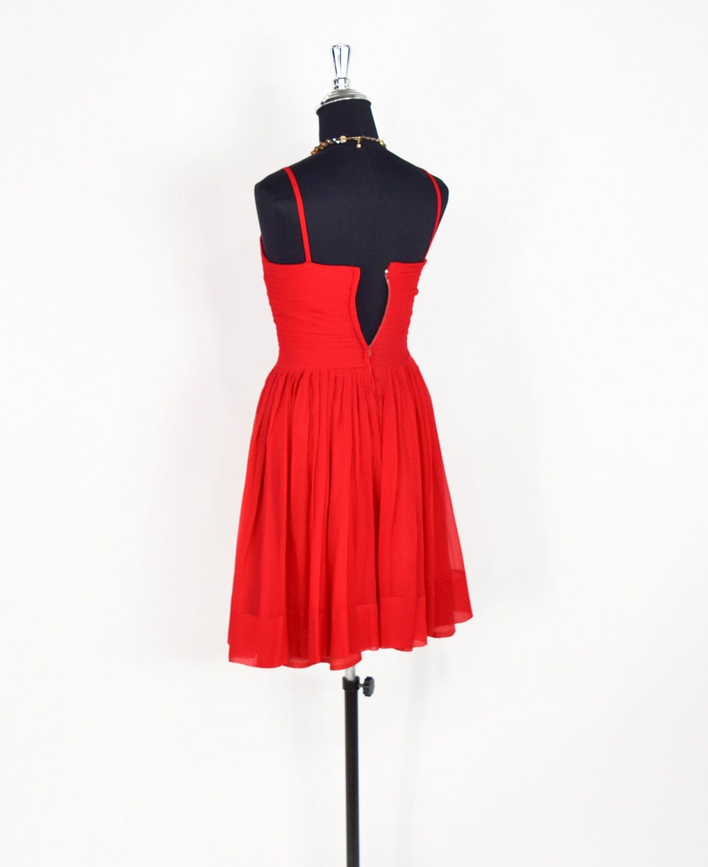 1950s Red Chiffon Party Dress with Pleated Bodice, Extra Small