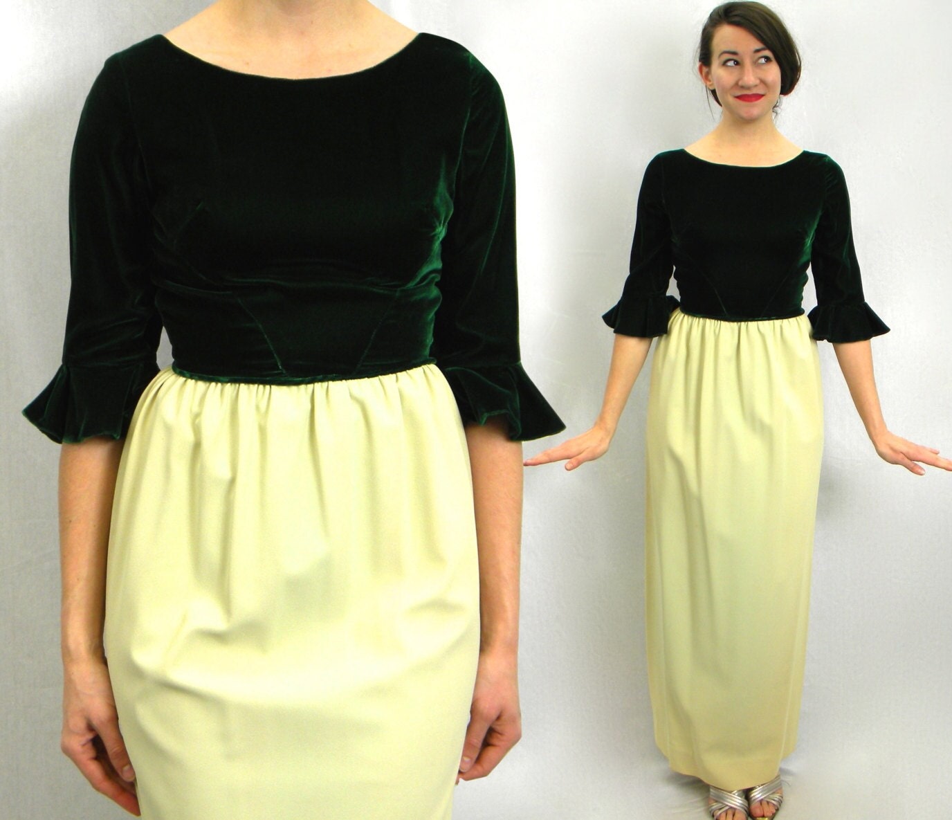 1960s Green Evening Dress | 60s Green Velvet & Crepe Dress | Bridesmaid | Prom Dress | XS