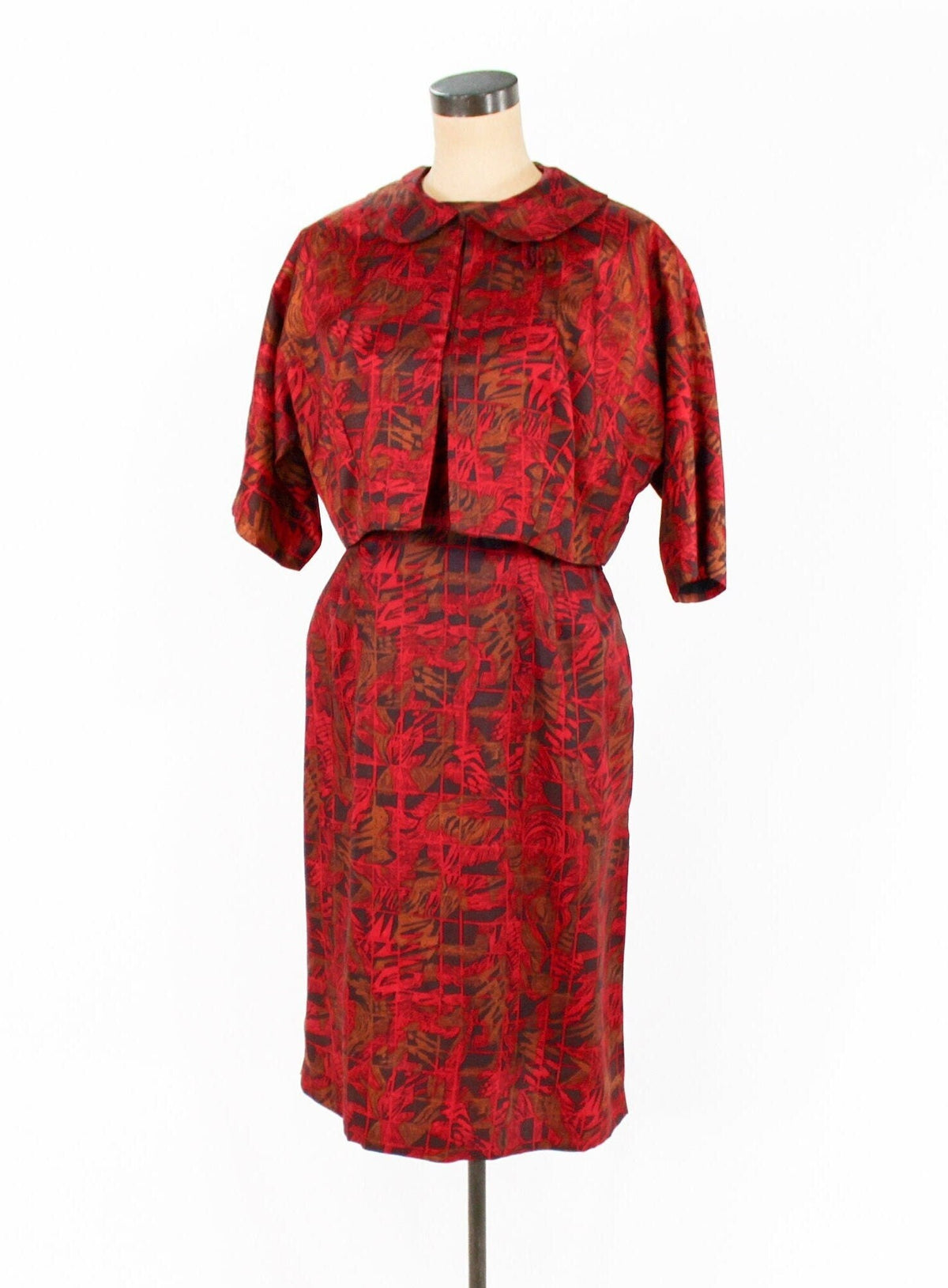 1950s Red Print Dress & Jacket | 50s Red Sheath Set | Large
