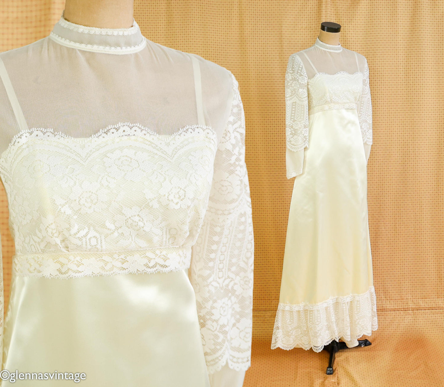 1970s Edwardian Style Wedding Gown in Candlelight Satin Lace, Small