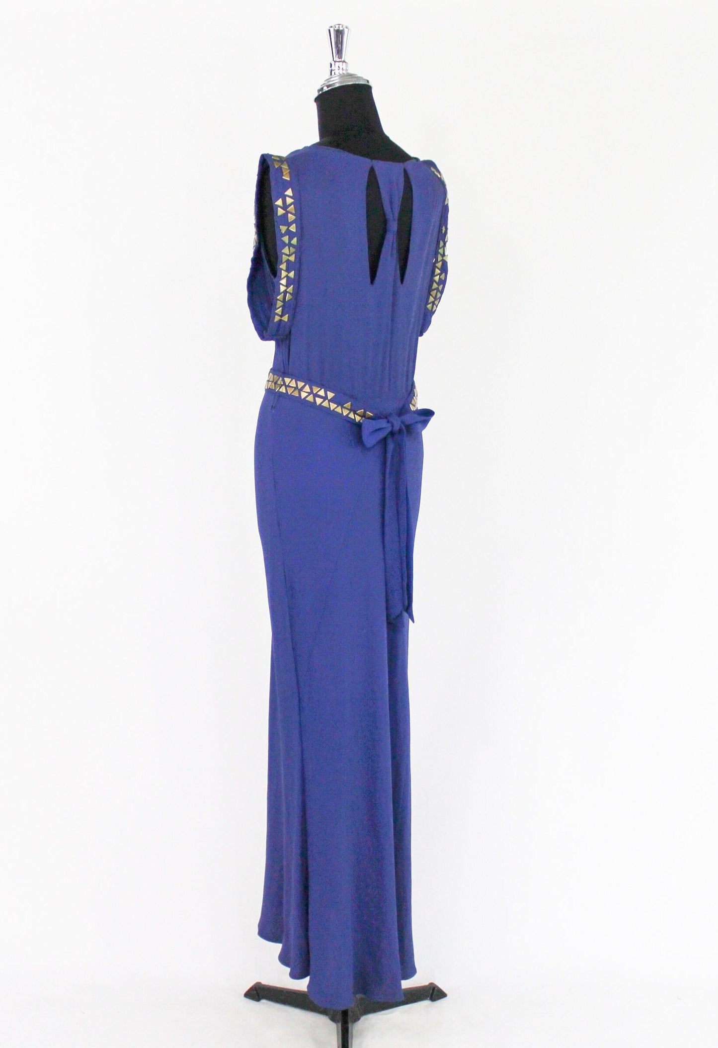 1930s Violet Purple Crepe Evening Dress, Grecian Style Brass Studded Gown, Medium