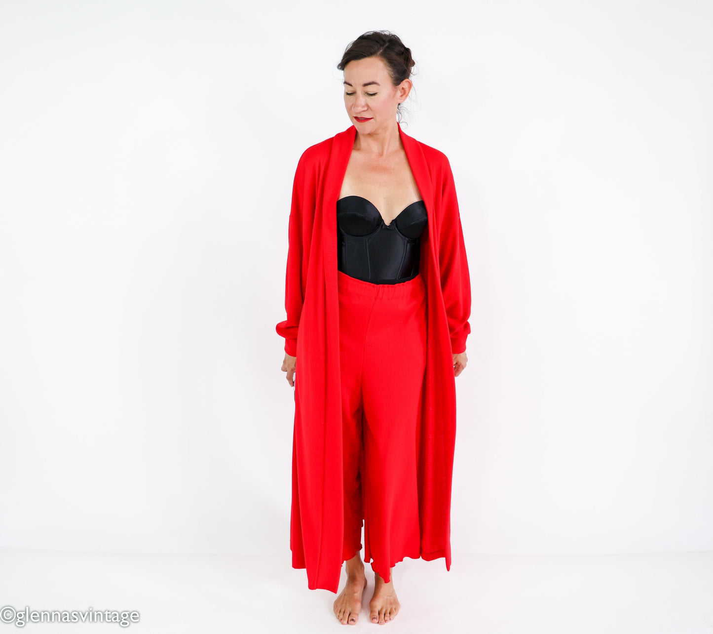 1980s Red Knit Lounge Set, Duster & Pants, Extra Large