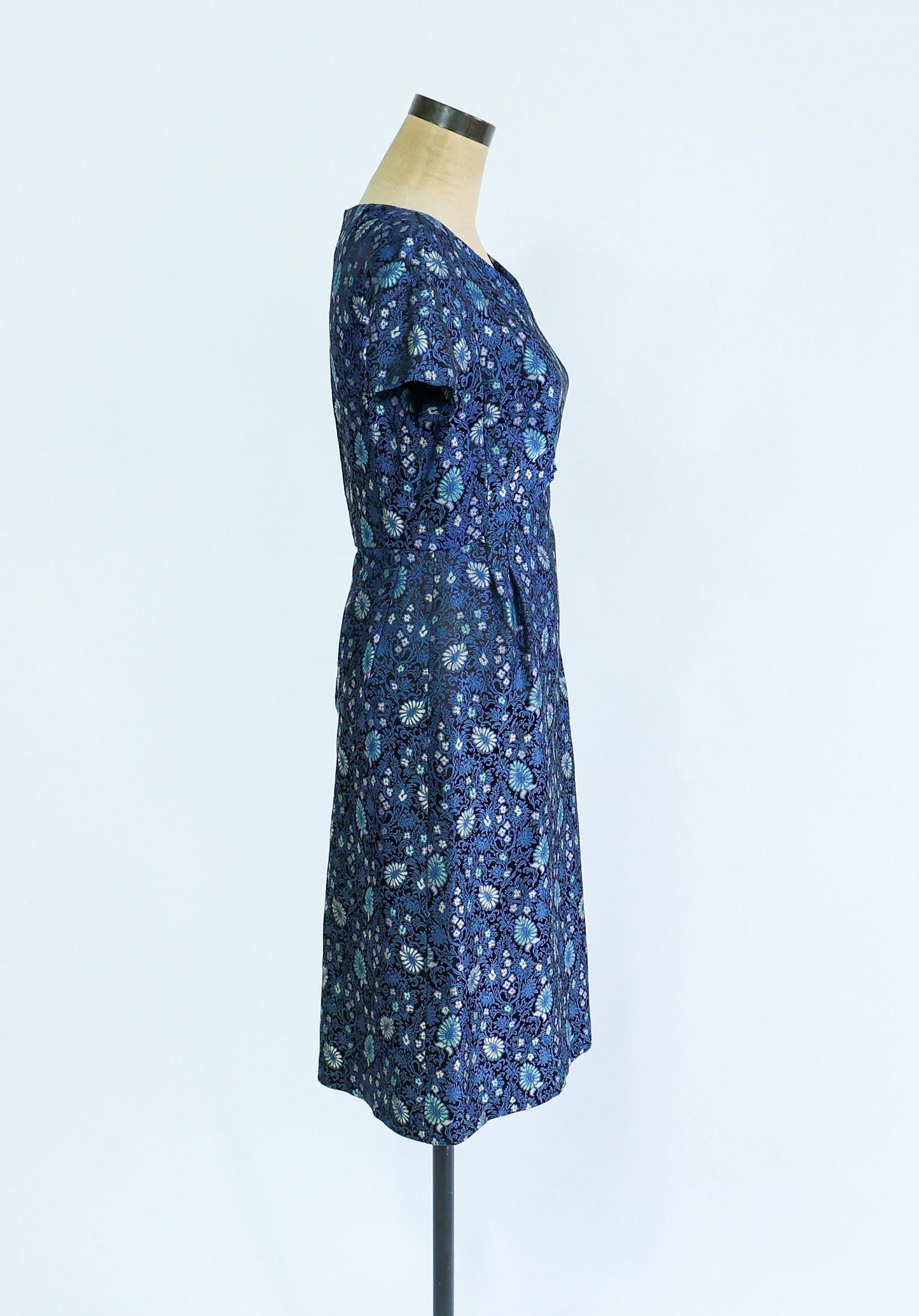 1960s Blue Brocade Dress & Jacket Set | 60s Navy Blue Print Brocade Dress Set | Mary Louise | Small