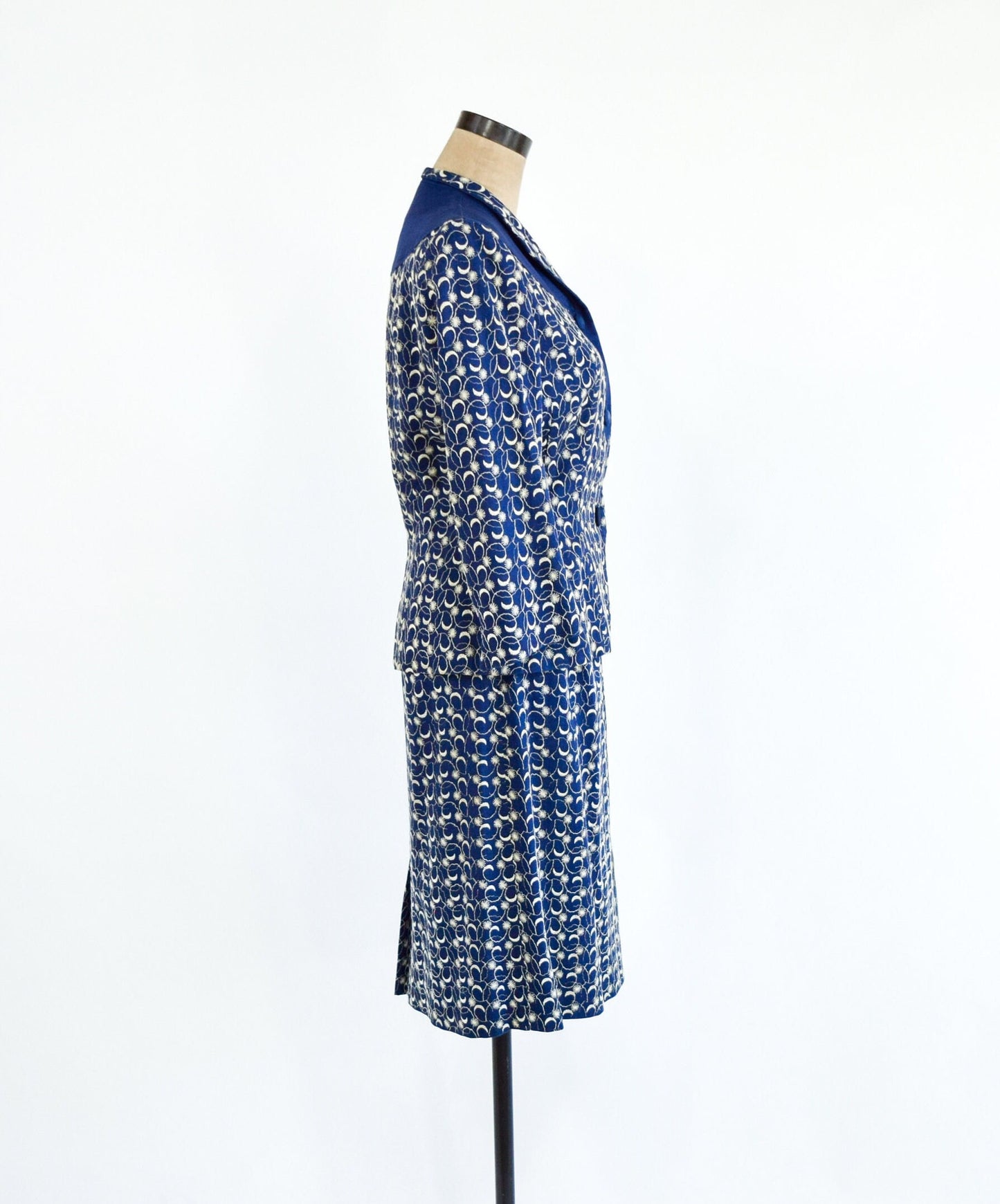 1940s Navy Blue Linen Skirt Suit Set, Medium