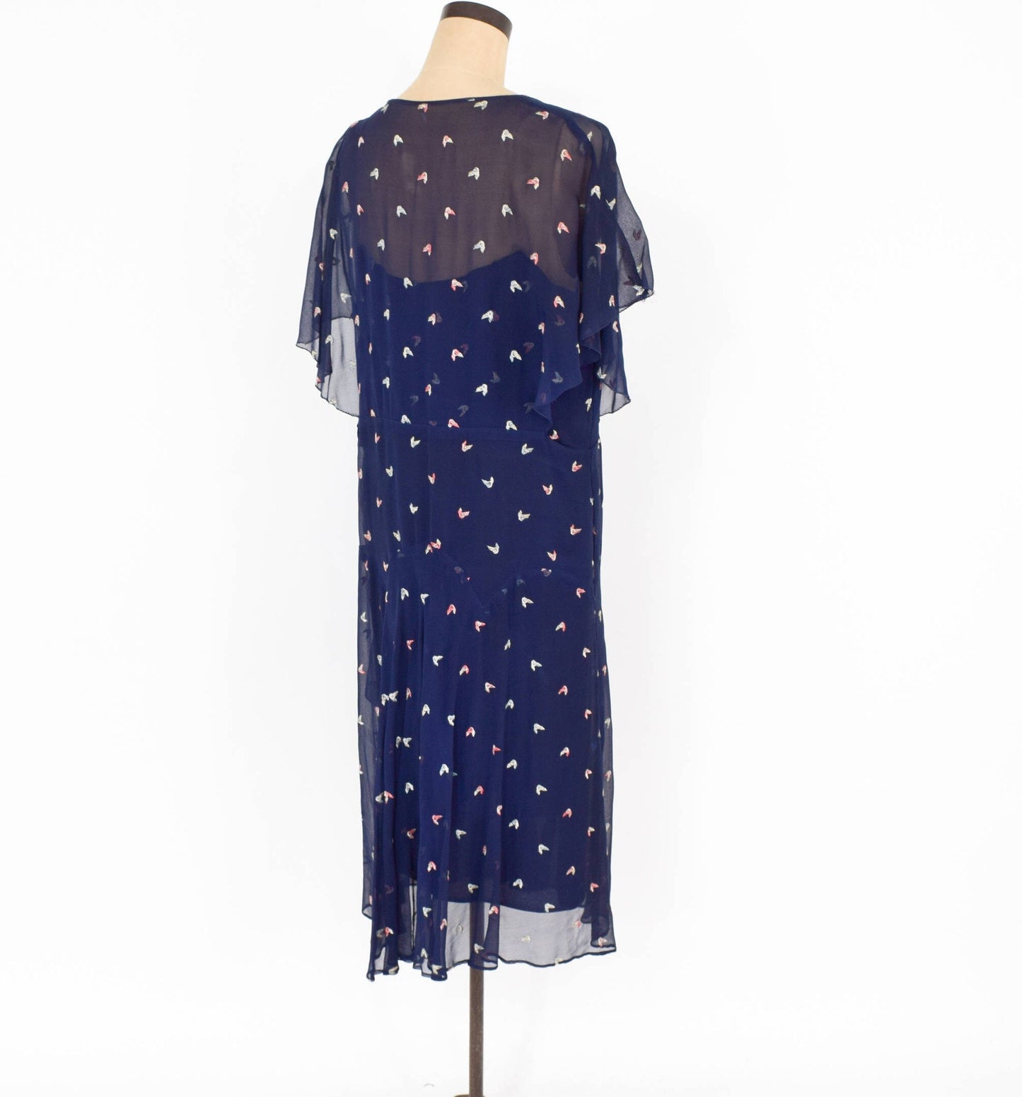 1920s Navy Chiffon Dress with Embroidered Flutter Sleeve, Medium