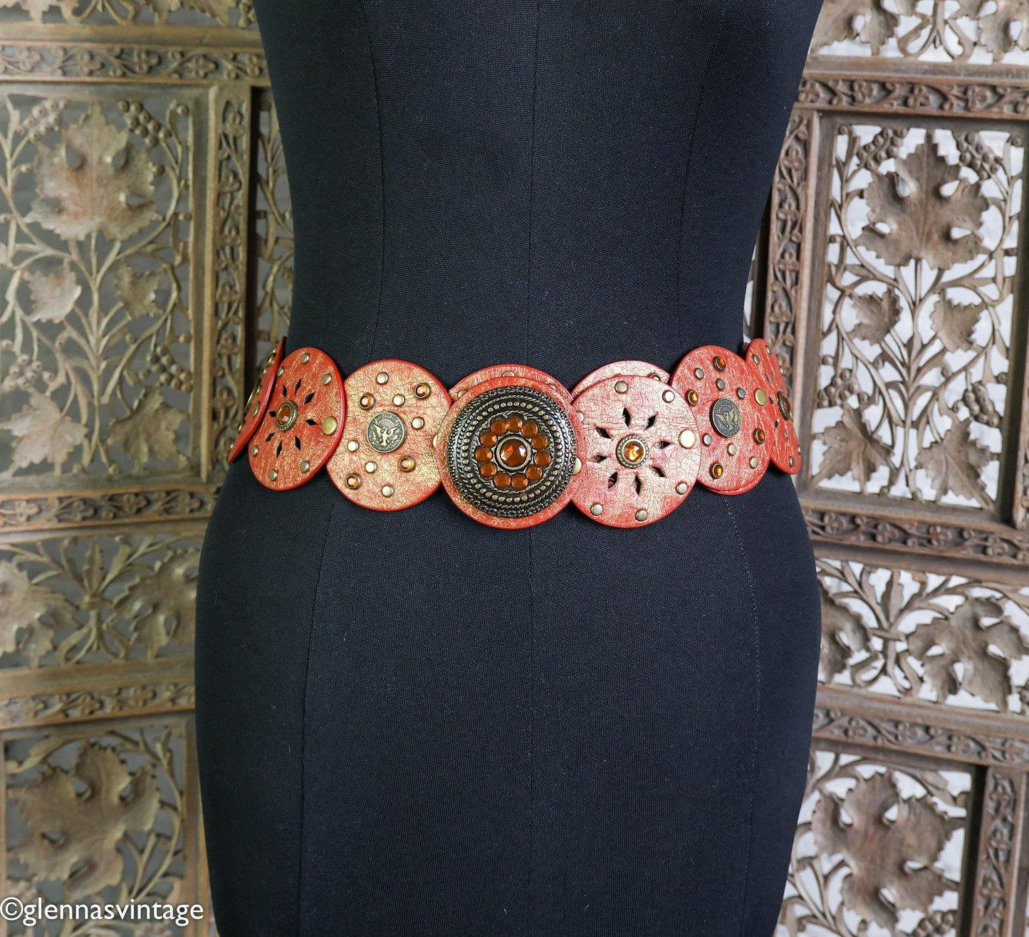 1970s Red & Brown Circles Studded Leather Belt