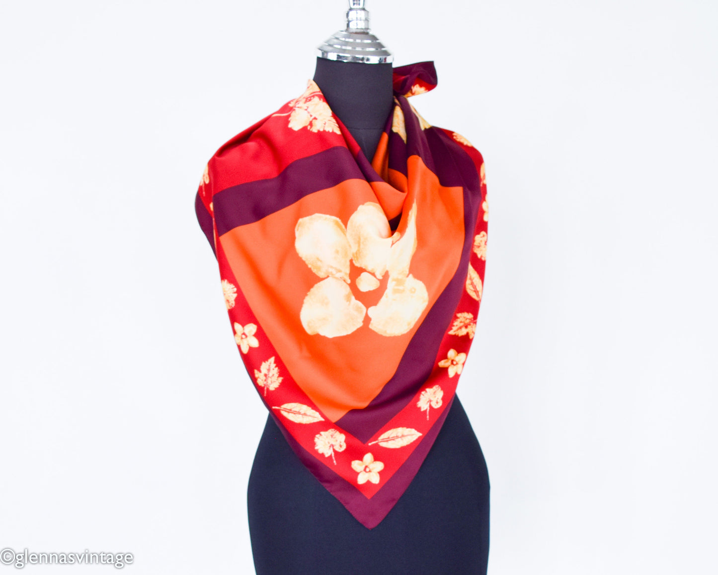 1980s Fall Leaves Scarf | 80s Maroon & Orange Fall Leaf Scarf | Italy