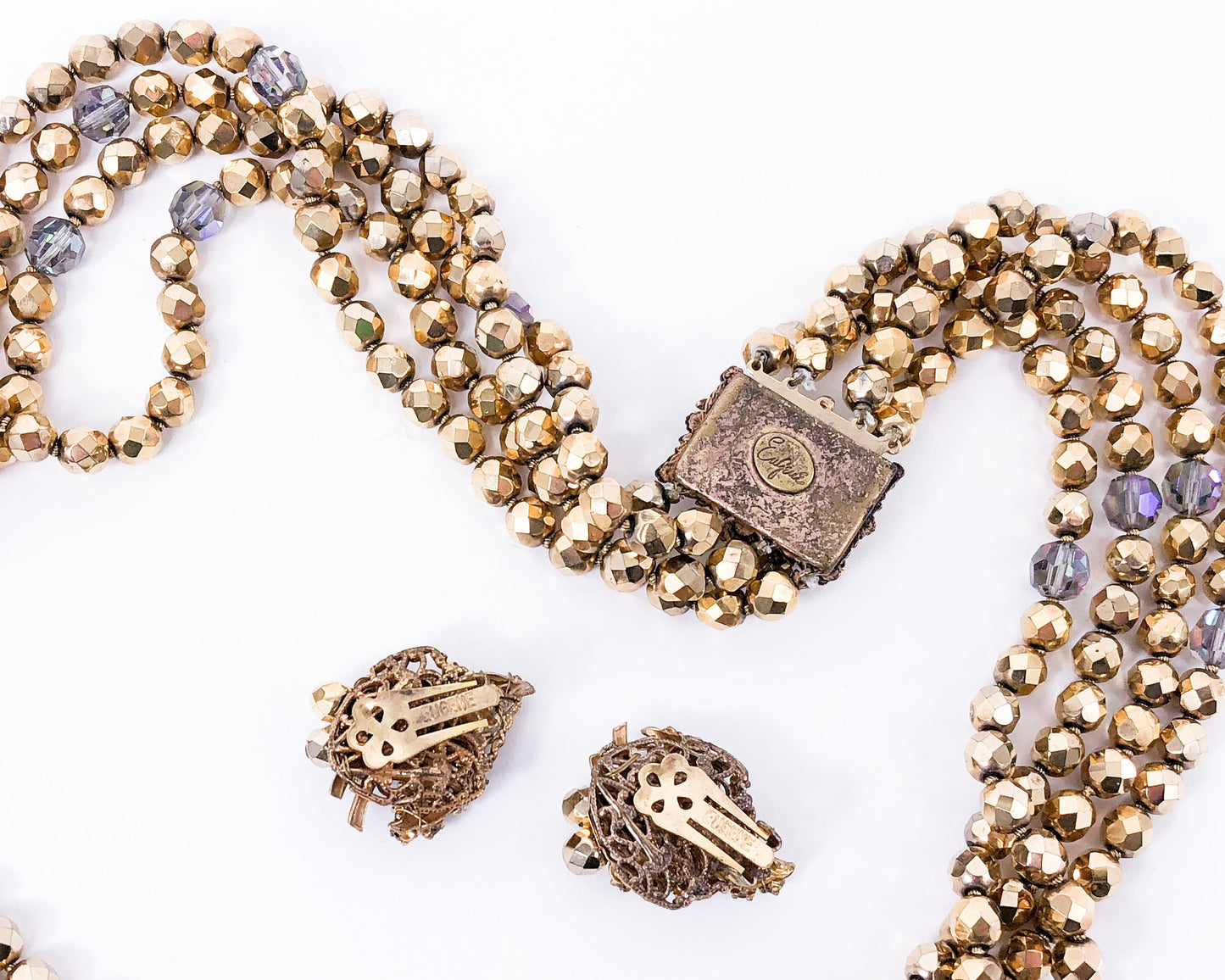 Eugene | 1950s Bronze Crystal Necklace & Earrings Set | 50s Bronze Crystal Evening Jewelry Set | Gold Crystal Necklace Set | Eugene