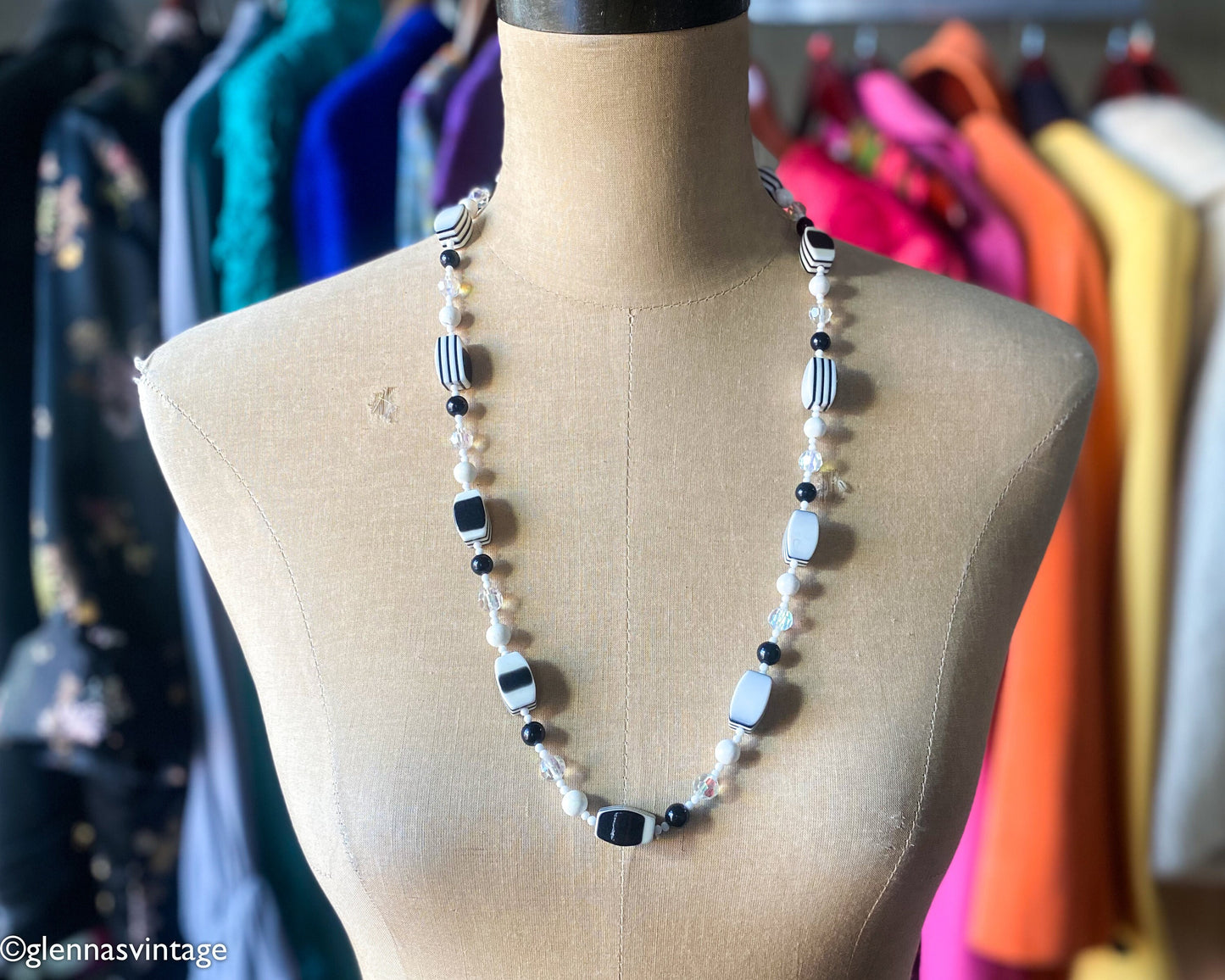 1960s Black & White Plastic Long Beaded Necklace | 60s Black White Crystal Bead Necklace