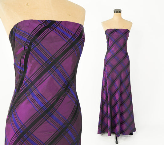 1990s Purple Plaid Taffeta Strapless Dress, Small
