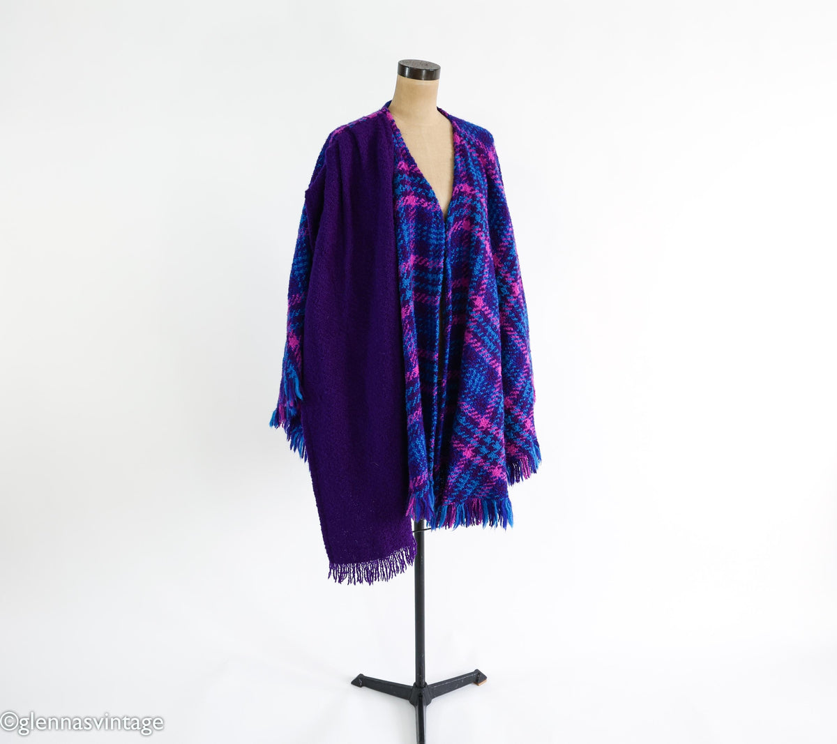 1980s Purple Blue Plaid Cape Irish Wool Cape, One Size