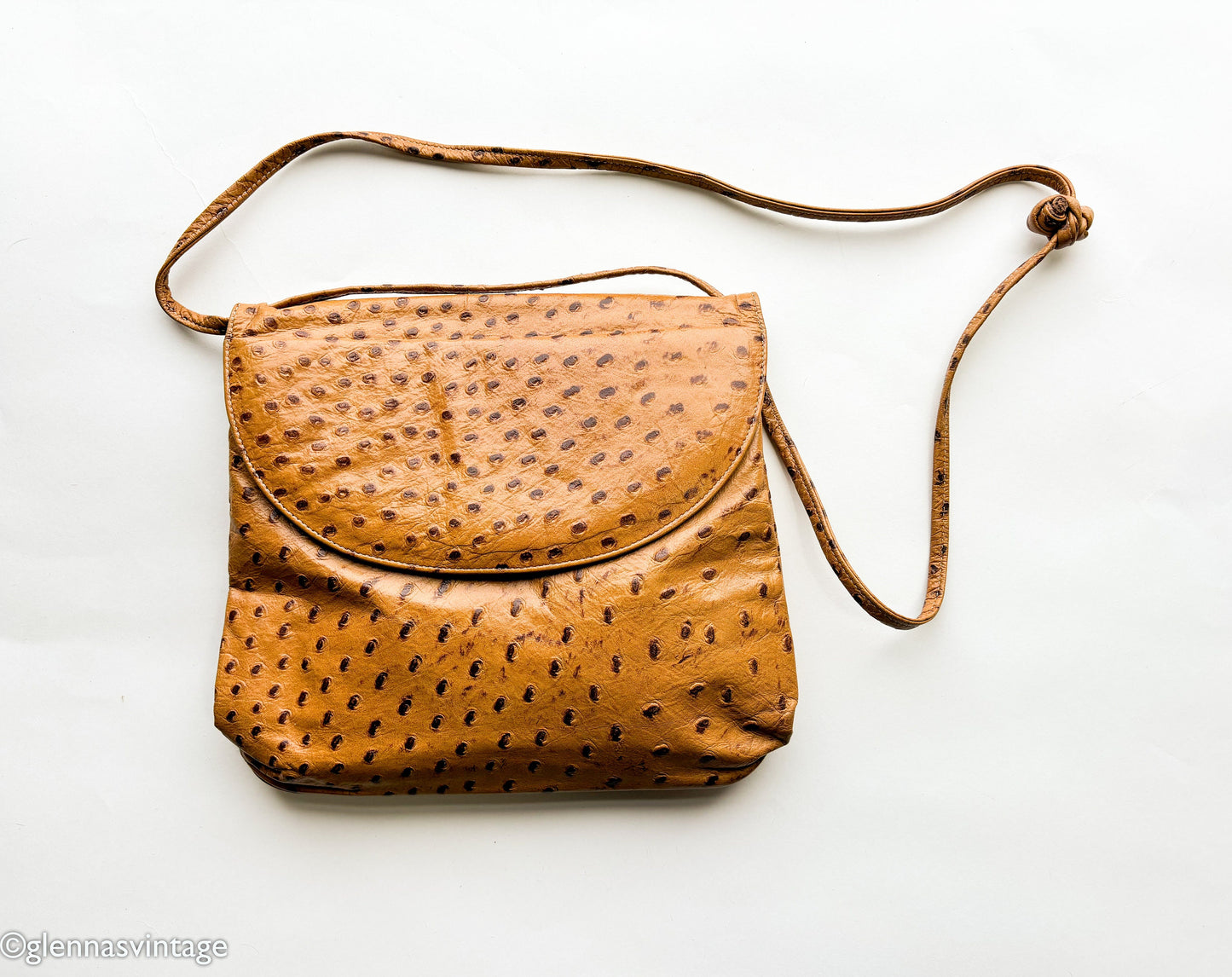 1980s Ostrich Embossed Leather Shoulder Bag | 80s Ostrich Carmel Leather Purse