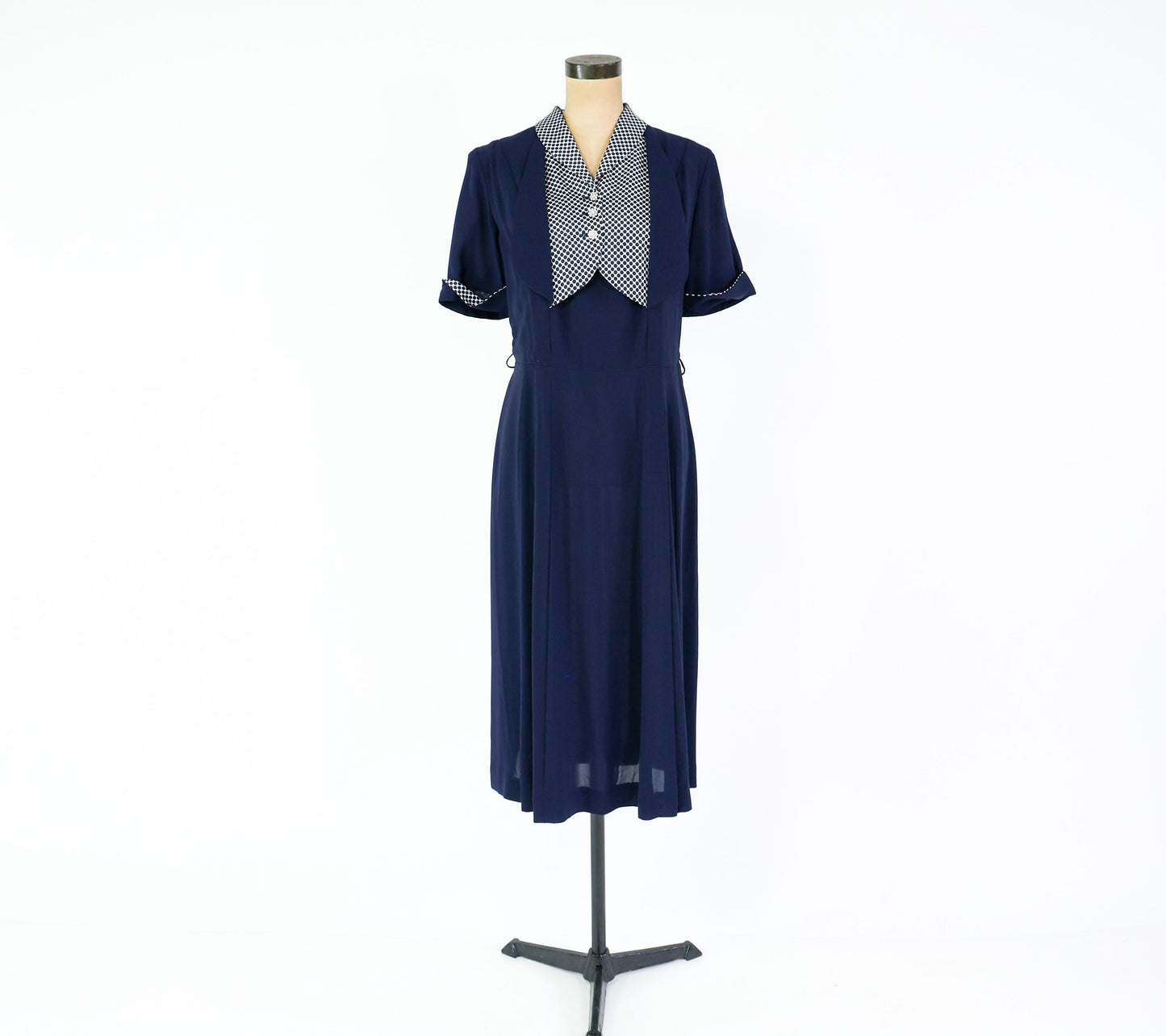 1940s Navy Rayon Crepe Dress with Polka Dot Collar, 36" Waist