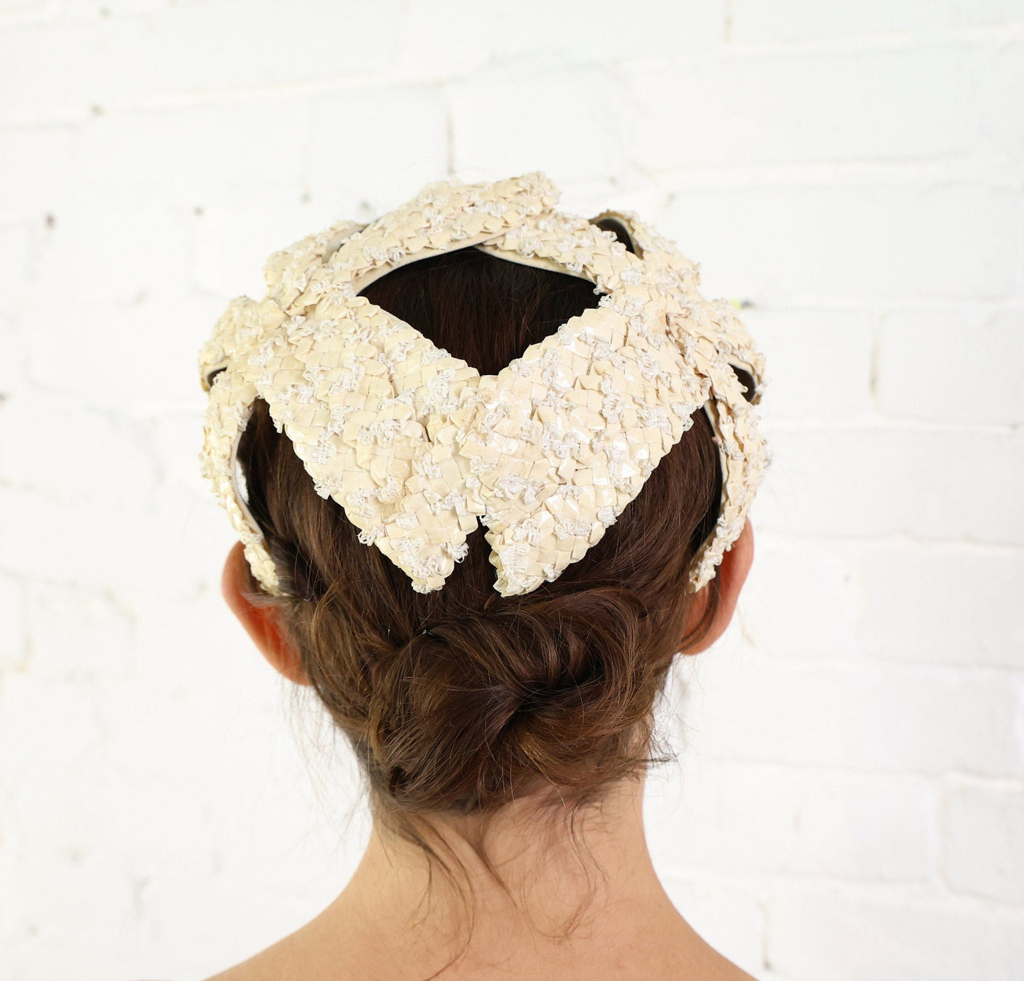 1950s Creme Woven Raffia Fascinator, Juliette Cap
