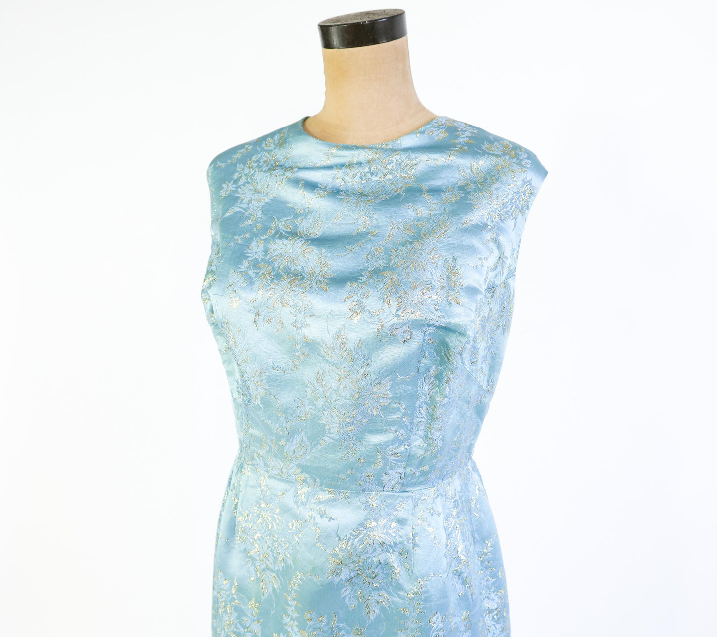1950s Blue Metallic Jacquard Party Dress, 35" Waist