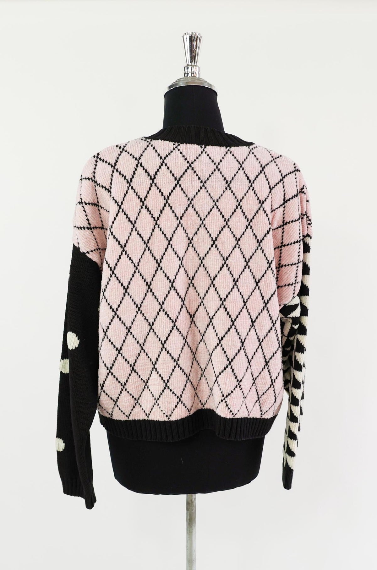 1980s Pink Black Geometric Chenille Cardigan, Large