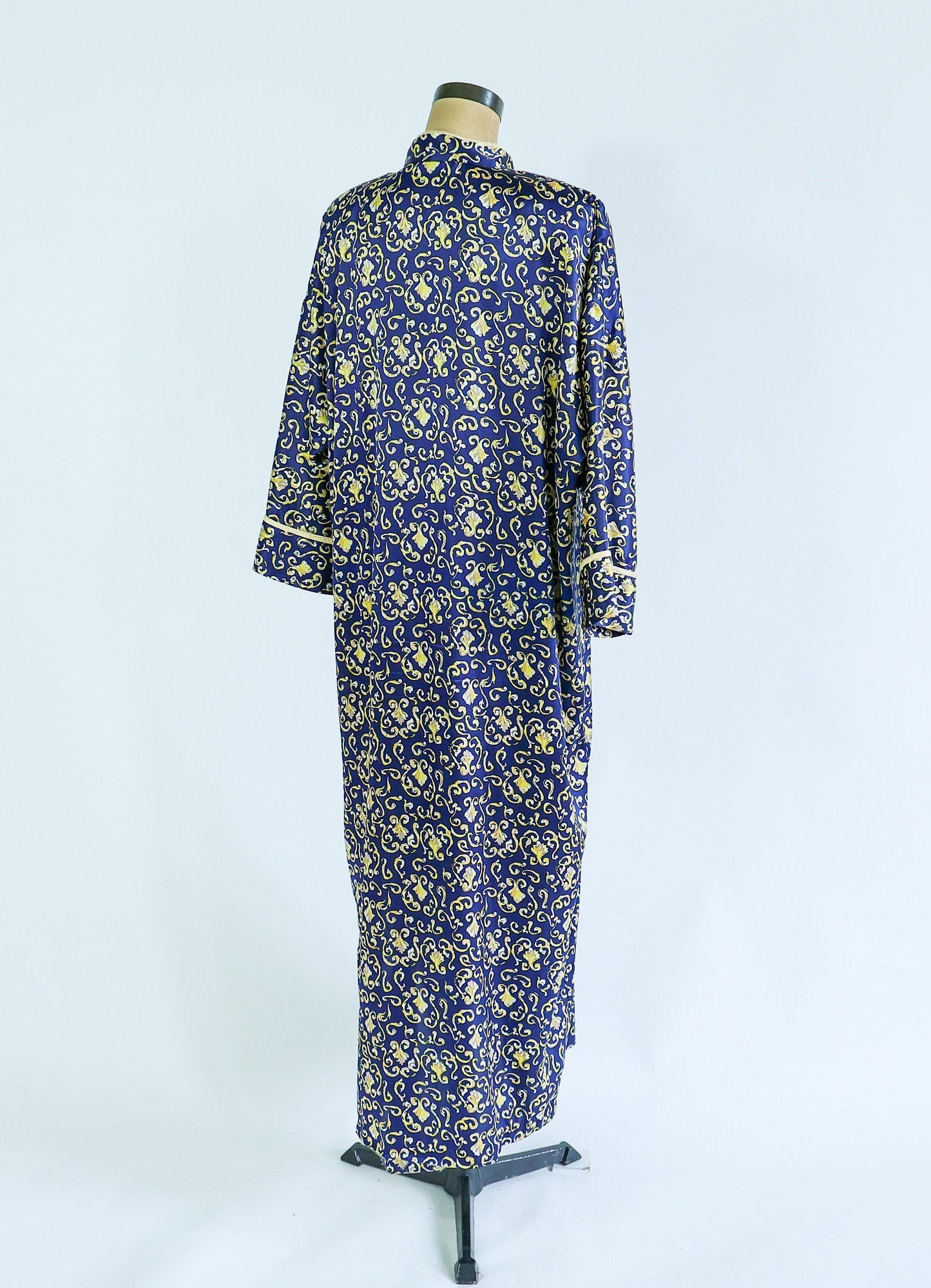 1980s Navy Satin Print Caftan | Mary McFadden | XL