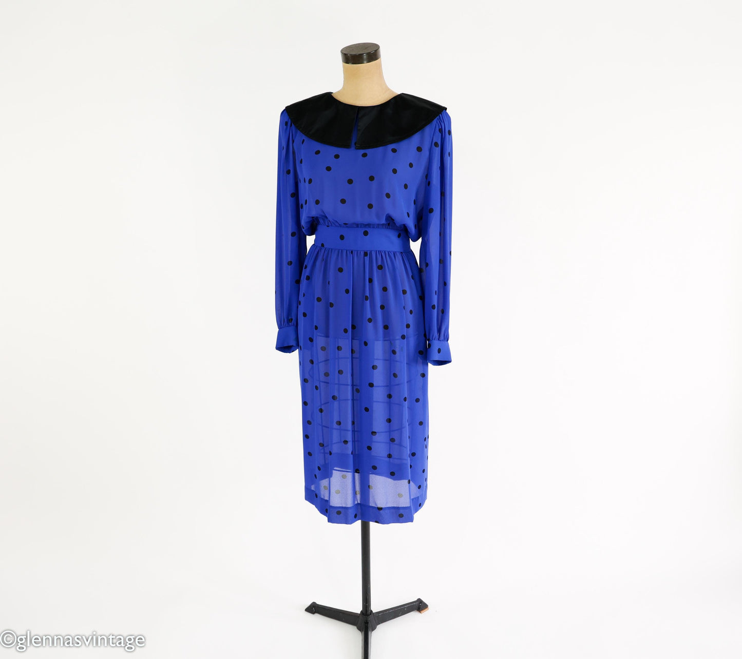 1980s Albert Nipon Blue Polka Dot Chiffon Dress, Small